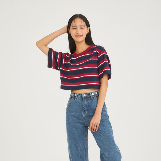 Crop Oversized_Striped Brick Red - YUEDPAO