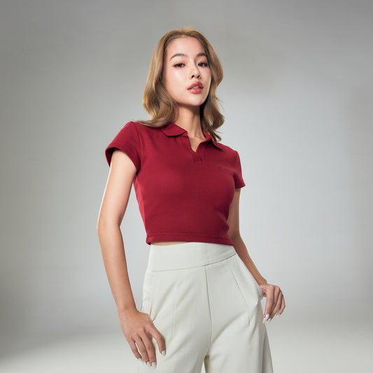 Polo Crop Waffle_Burgundy Red